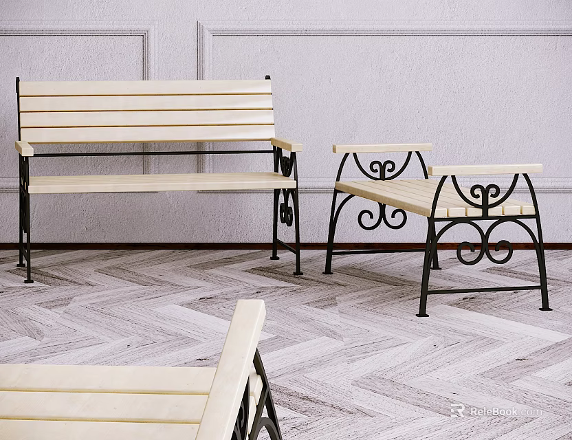 Outdoor Chairs With Wooden Seats And Black Metal Frames Featuring Decorative Curved Details 3d model 