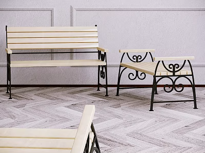 Outdoor Chairs With Wooden Seats And Black Metal Frames Featuring Decorative Curved Details 3d model