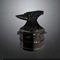 Vintage Black Iron Anvil Resting On Wooden Barrel With Metal Bands