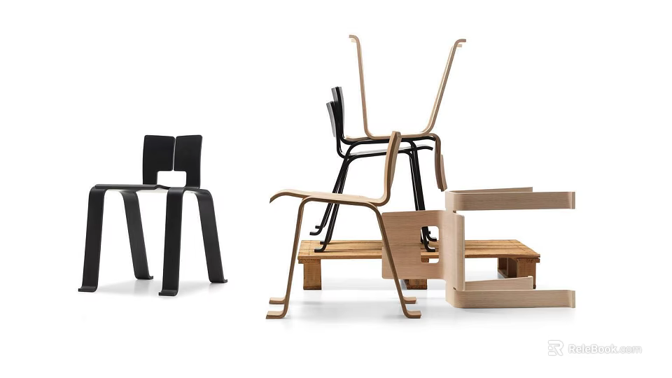 Modern Leisure Chairs With Wooden And Metal Frames In Black And Natural Tones 3d model 