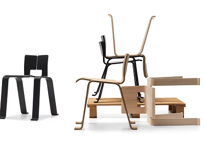 Modern Leisure Chairs With Wooden And Metal Frames In Black And Natural Tones 3d model