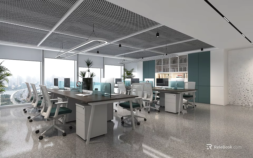 Modern Public Office Space With Large Windows Long Desks White Office Chairs And Green Plants 3d model 