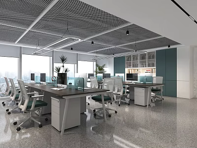 Modern Public Office Space With Large Windows Long Desks White Office Chairs And Green Plants 3d model