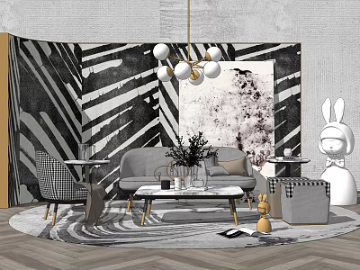 Modern Sofa And Coffee Table Set With Striped Wall Art Chandelier And Accent Chair 3d model