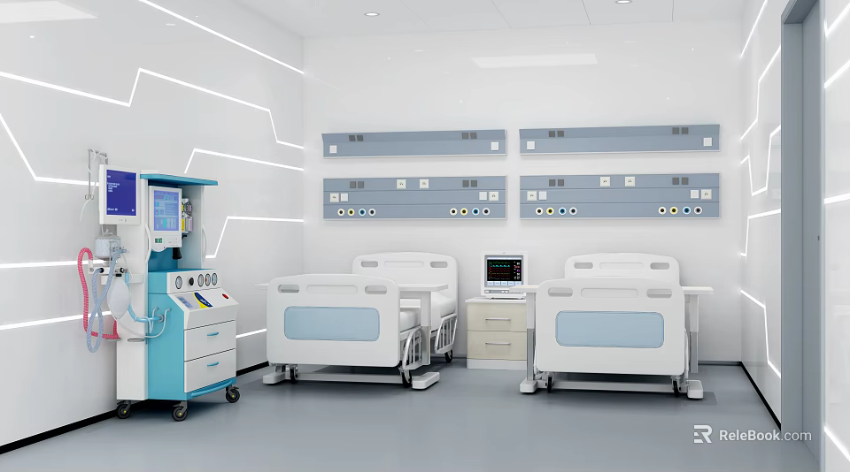 Modern Hospital Ward Interior With Medical Beds And Control Panels 3d model 