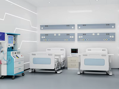 Modern Hospital Ward Interior With Medical Beds And Control Panels 3d model