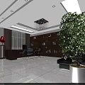 Modern Office Interior Design With Wooden Bookshelves Chandelier Sofa And Large Green Plant