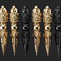 Intricate Sculpture Carving Art Pieces In Gold And Black Colors With Detailed Patterns