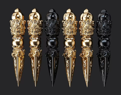 Intricate Sculpture Carving Art Pieces In Gold And Black Colors With Detailed Patterns 3d model