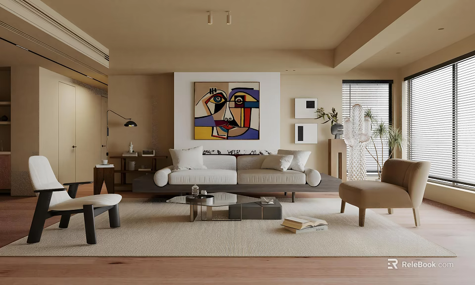 Modern Living Dining Room Interior Design With Sofa Chairs Abstract Painting And Wooden Flooring 3d model 