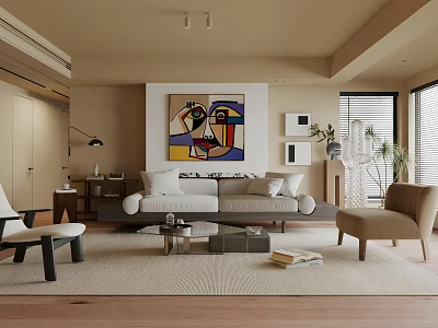 Modern Living Dining Room Interior Design With Sofa Chairs Abstract Painting And Wooden Flooring 3d model