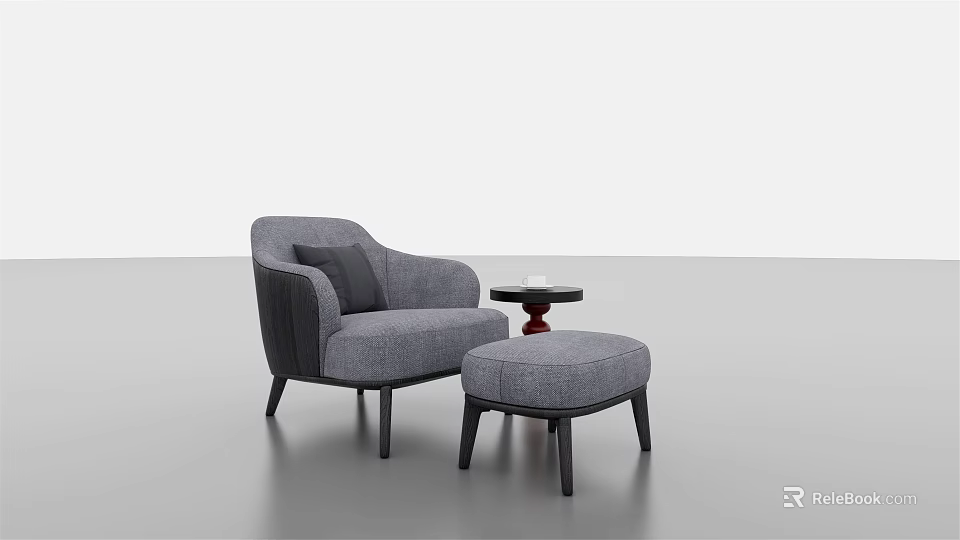 Modern Gray Fabric Single Sofa With Ottoman And Round Side Table 3d model
