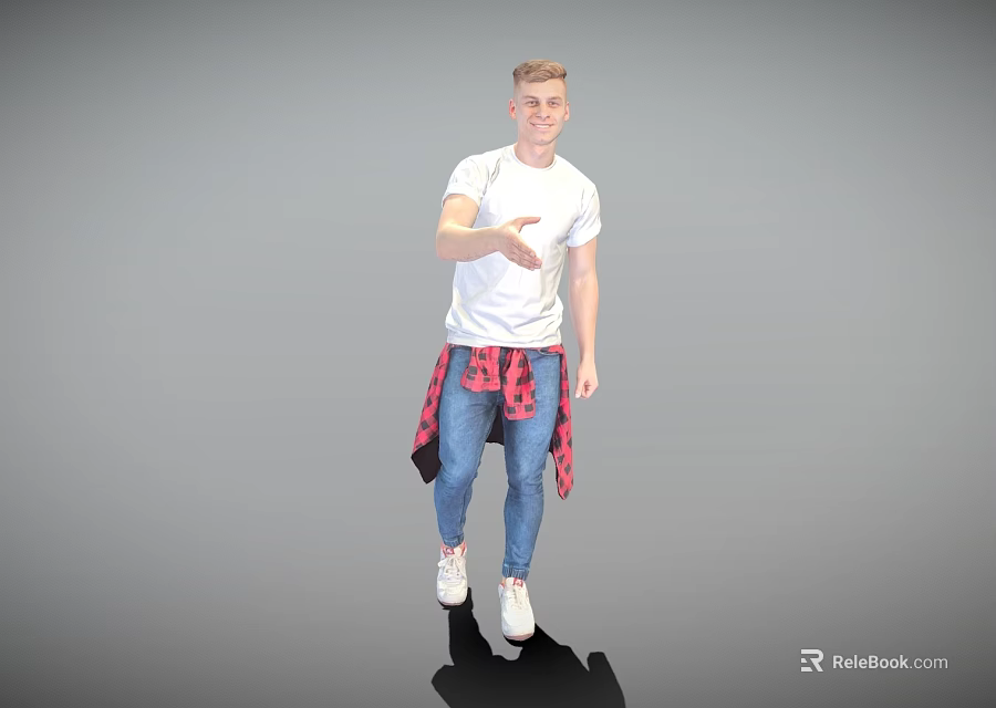 Man In White T-Shirt Blue Jeans And Red Plaid Shirt Extending Hand On Gray Background 3d model 