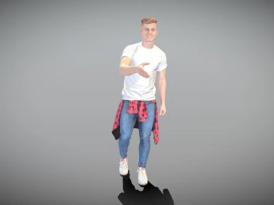 Man In White T-Shirt Blue Jeans And Red Plaid Shirt Extending Hand On Gray Background 3d model
