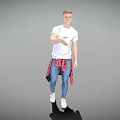 Man In White T-Shirt Blue Jeans And Red Plaid Shirt Extending Hand On Gray Background