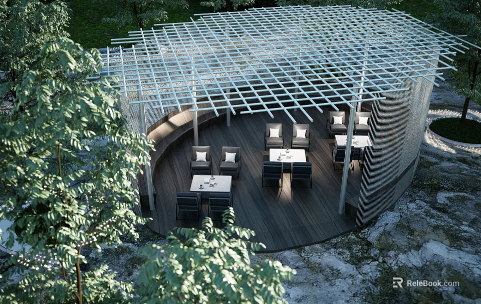 Outdoor Pergola With Grid Roof Structure Wooden Deck And Tables Chairs Surrounded By Green Plants 3d model 