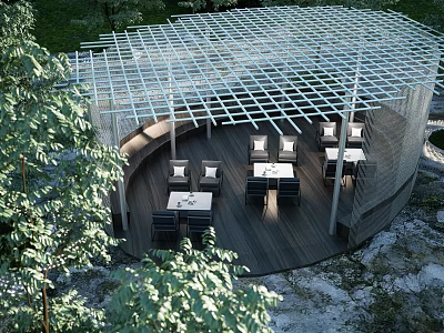 Outdoor Pergola With Grid Roof Structure Wooden Deck And Tables Chairs Surrounded By Green Plants 3d model