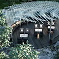 Outdoor Pergola With Grid Roof Structure Wooden Deck And Tables Chairs Surrounded By Green Plants