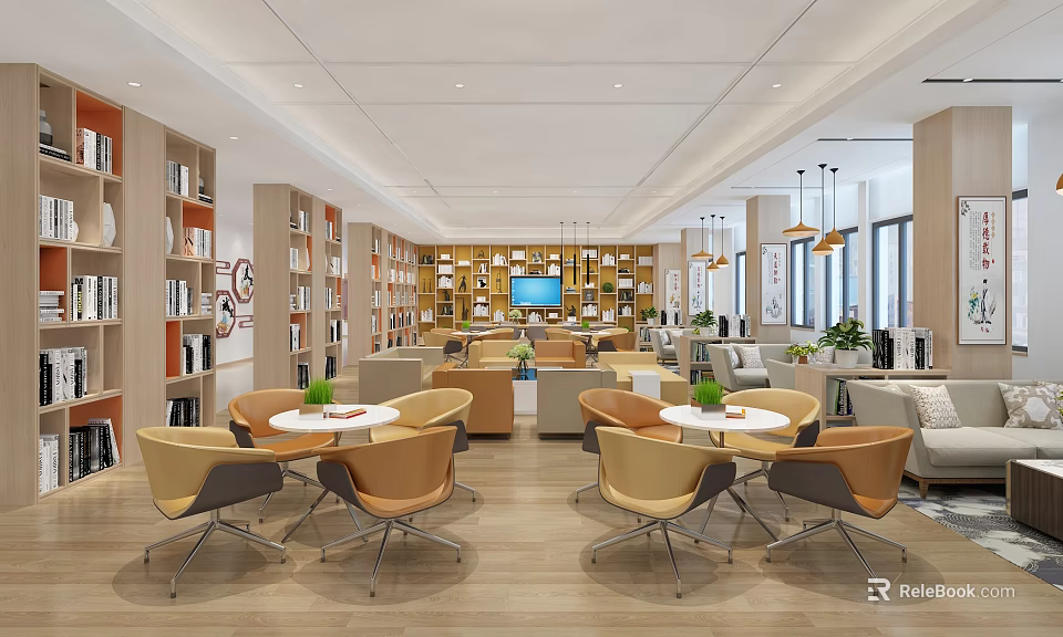 Book Art Inspired Library Interior With Wooden Bookshelves Warm Lighting And Cozy Seating Areas 3d model 