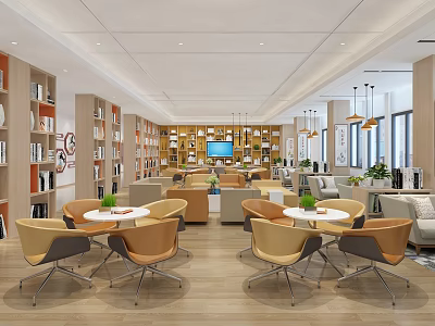 Book Art Inspired Library Interior With Wooden Bookshelves Warm Lighting And Cozy Seating Areas 3d model