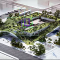Modern Museum Building with Green Roof Curved Structure Staircases Surrounding Trees and Parking Lot