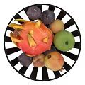 Black Perforated Ceramic Fruit Bowl Filled With Dragon Fruit Plums Apples And Peaches