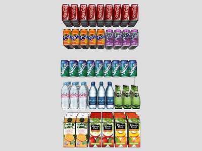 Diverse Beverage Assortment With Cans Bottles Cartons Including Carbonated Drinks Juice And Water 3d model