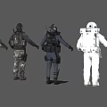 Game and Movie Characters in Diverse Costumes Including Space Suit Tactical Gear and Camouflage