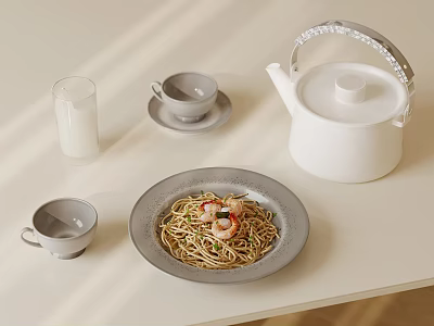 Minimalist Table Setting With Shrimp Pasta White Teapot Gray Cups And Milk Glass 3d model