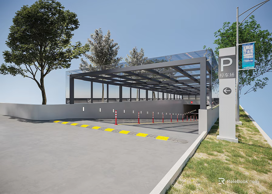Covered Parking Lot Entrance With Yellow Speed Bumps Trees And Street Lamp Sign 3d model 
