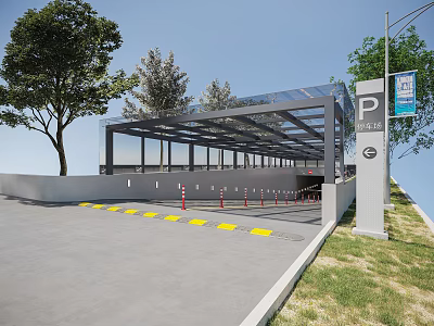 Covered Parking Lot Entrance With Yellow Speed Bumps Trees And Street Lamp Sign 3d model