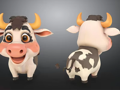 Cute Cartoon Cow 3D Model With Front Back View Yellow Horns And Brown Spots 3d model
