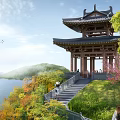 Traditional Chinese Pavilion By Lake With Hills Trees Flying Birds And People Walking
