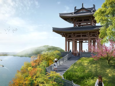 Traditional Chinese Pavilion By Lake With Hills Trees Flying Birds And People Walking 3d model