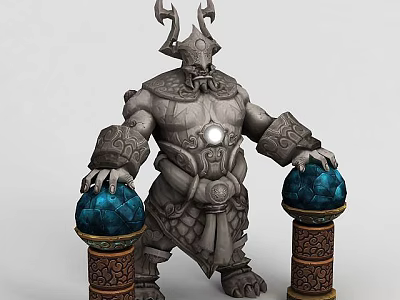 Tech Exhibition Hall Display Featuring Horned Armored Statue With Blue Orbs On Decorative Pillars 3d model
