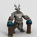 Tech Exhibition Hall Display Featuring Horned Armored Statue With Blue Orbs On Decorative Pillars