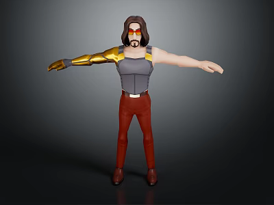 3D Rendered Character With Golden Mechanical Arm Gray Vest Red Pants And Brown Shoes 3d model