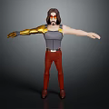 3D Rendered Character With Golden Mechanical Arm Gray Vest Red Pants And Brown Shoes