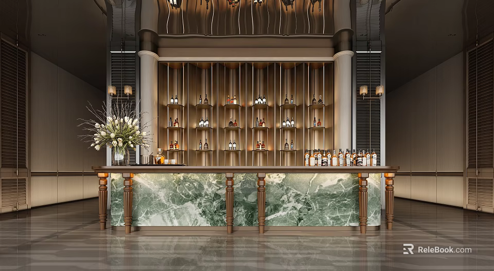 Luxurious Sales Office Interior With Marble Bar Counter Wine Racks Flower Arrangement And Warm Lighting 3d model 