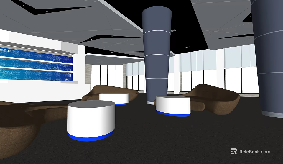 Modern Lobby Interior With Brown Sofas Round Tables And Large Windows 3d model 