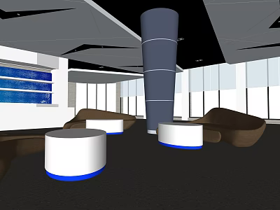 Modern Lobby Interior With Brown Sofas Round Tables And Large Windows 3d model