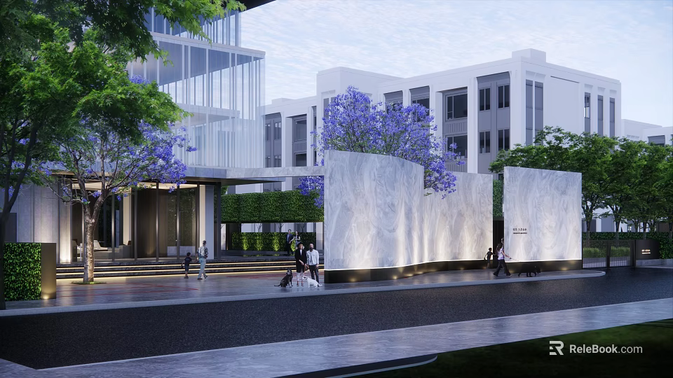 Modern Entrance Gate of Contemporary Building With Decorative Walls Purple Flowers and Greenery 3d model 