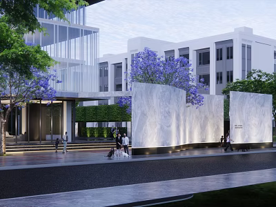 Modern Entrance Gate of Contemporary Building With Decorative Walls Purple Flowers and Greenery 3d model