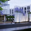 Modern Entrance Gate of Contemporary Building With Decorative Walls Purple Flowers and Greenery