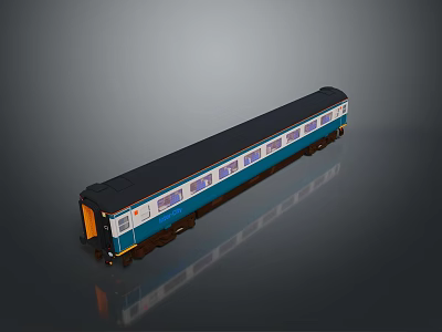 Blue And White Modern Model Train Carriage With Black Roof Windows And Reflective Surface 3d model