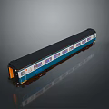 Blue And White Modern Model Train Carriage With Black Roof Windows And Reflective Surface