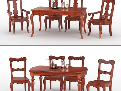 Traditional Solid Wood Dining Table Set With Carved Chairs And Vase Glassware 3d model