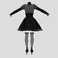 High Neck Black and White Striped Long Sleeve Dress with Lace Trim and Flared Skirt
