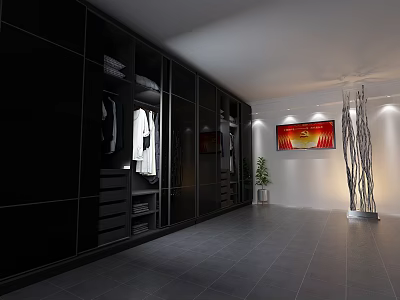 Modern Walk in Closet Interior With Black Wardrobes Hanging Clothes TV Plant And Decorative Lamp 3d model