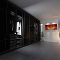 Modern Walk in Closet Interior With Black Wardrobes Hanging Clothes TV Plant And Decorative Lamp